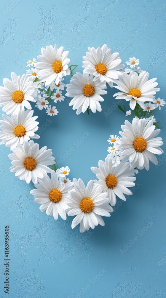 Fototapeta premium White daisies forming heart shape on light blue background
