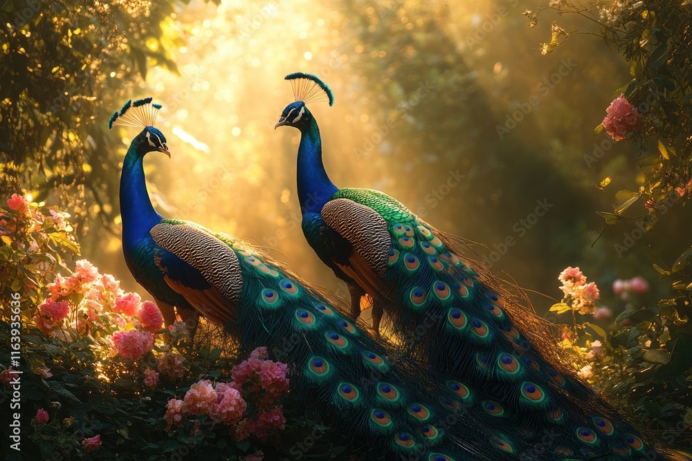 Two majestic peacocks showing their colorful feathers in a rose garden at sunset Two majestic peacocks showing their colorful feathers in a rose garden at sunset