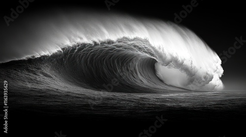 Fototapeta Naklejka Na Ścianę i Meble -  Monochrome photo of a massive, curling ocean wave at night.