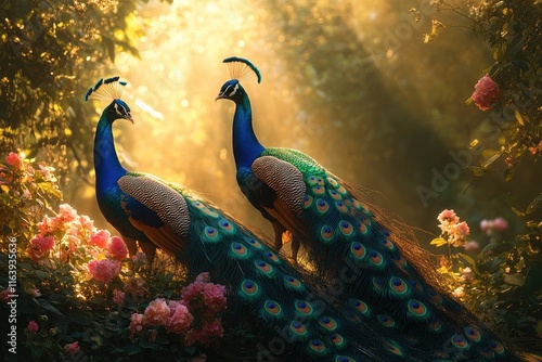 Two majestic peacocks showing their colorful feathers in a rose garden at sunset photo