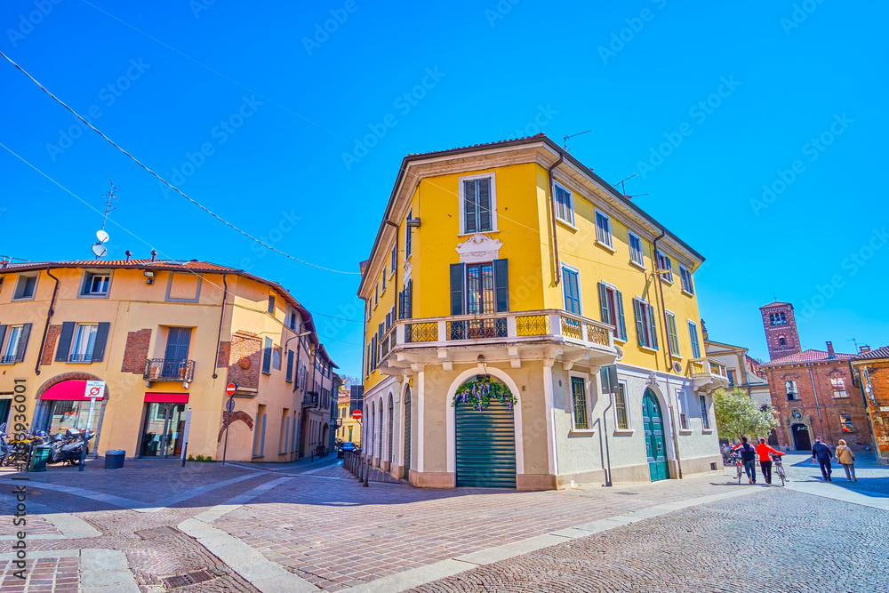 Colorful townhouses of medieval Monza town, Italy