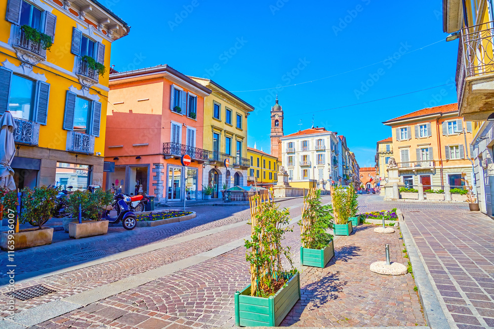 Medieval Monza town with colorful townhouses, Italy
