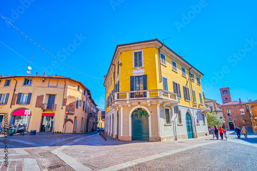 Obraz na płótnie Colorful townhouses of medieval Monza town, Italy w salonie