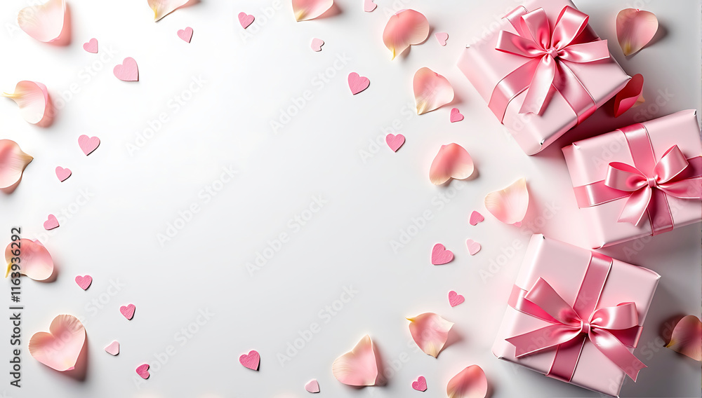 Flat lay of pink gift boxes tied with satin ribbons, surrounded by heart-shaped decorations, pastel background with copy space for designs for Women's Day and Valentine's Day Flat lay of pink gift boxes tied with satin ribbons, surrounded by heart-shaped decorations, pastel background with copy space for designs for Women's Day and Valentine's Day