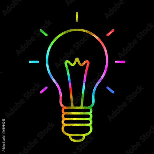 光っている豆電球の虹色グラデーションの線画イラスト　黒背景の切り抜き