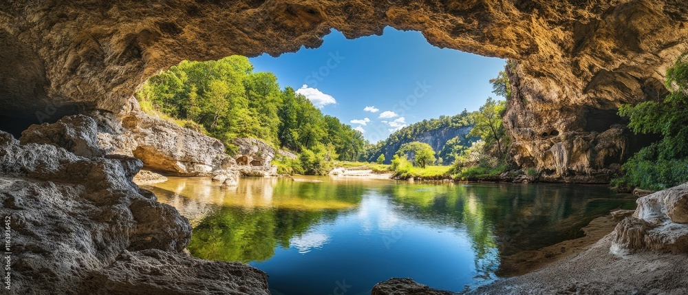 Cave opening revealing serene lake and lush forest landscape under a bright blue sky. Cave opening revealing serene lake and lush forest landscape under a bright blue sky.