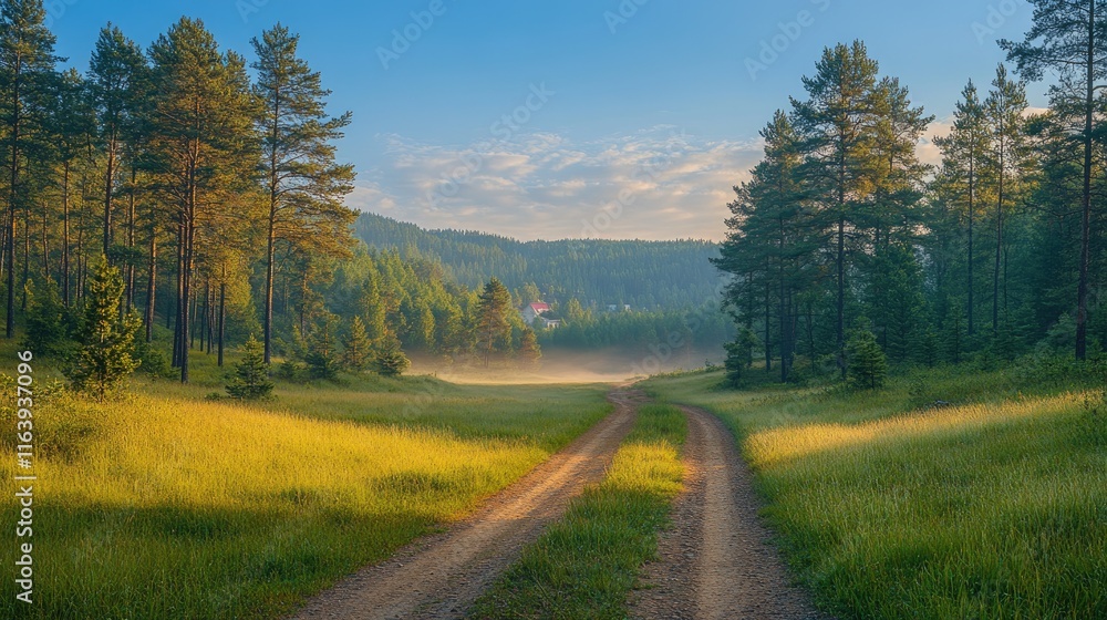 Fototapeta premium Dirt road leading through misty meadow at sunrise in green forest