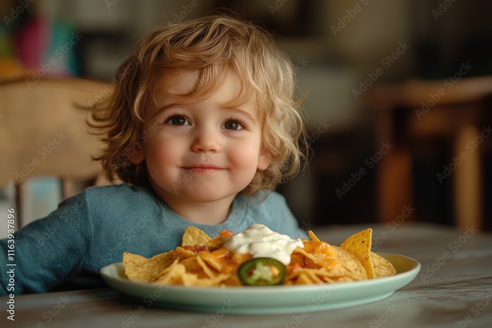 Cute toddler enjoying delicious plate of nachos Cute toddler enjoying delicious plate of nachos