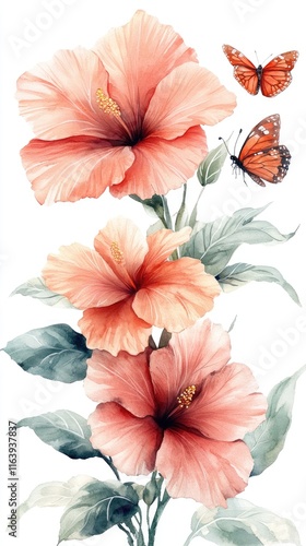 Wallpaper Mural Hibiscus flowers and butterflies watercolor painting on white background Torontodigital.ca