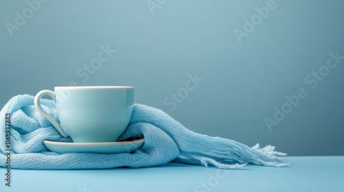 Blue cup with scarfcoffee on blue background. Blue monday concept. Copy space. photo