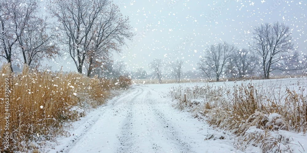 Obraz premium Snow falling softly from the sky, gently coating the ground and creating a serene atmosphere.