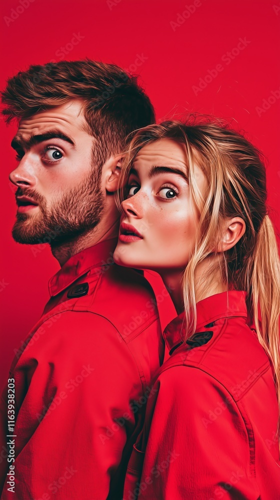 Surprised couple poses with contrasting expressions against a vibrant red backdrop. Surprised couple poses with contrasting expressions against a vibrant red backdrop.