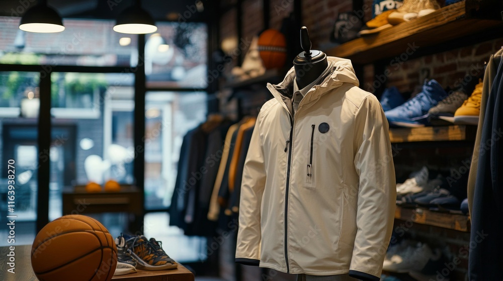 Beige Jacket Displayed In A Trendy Sportswear Store Beige Jacket Displayed In A Trendy Sportswear Store