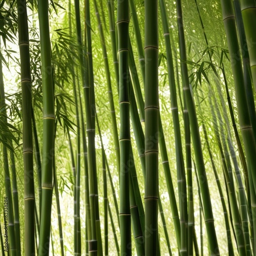 A dense grove of tall, slender bamboo stalks bathed in warm sunlight, creating a serene and tranquil scene.
