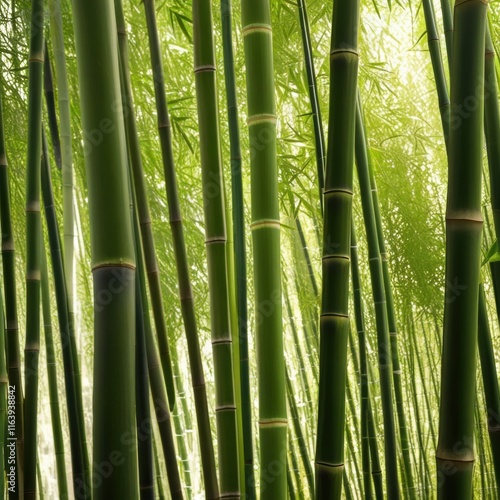 A dense grove of tall, slender bamboo stalks bathed in warm sunlight, creating a serene and tranquil scene.