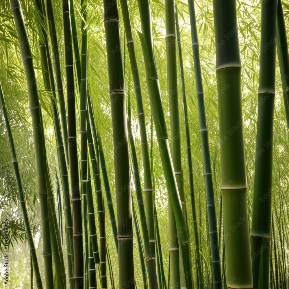 Fototapeta premium A dense grove of tall, slender bamboo stalks bathed in warm sunlight, creating a serene and tranquil scene.