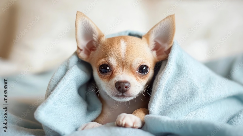 Tiny Chihuahua Puppy Snuggled Under Blankets in blue Bed. Tiny Chihuahua Puppy Snuggled Under Blankets in blue Bed.