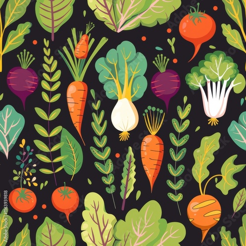 Vibrant vector design featuring an array of colorful vegetables on a dark background pattern
