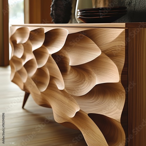 Elegant wooden sideboard showcasing a unique carved design.