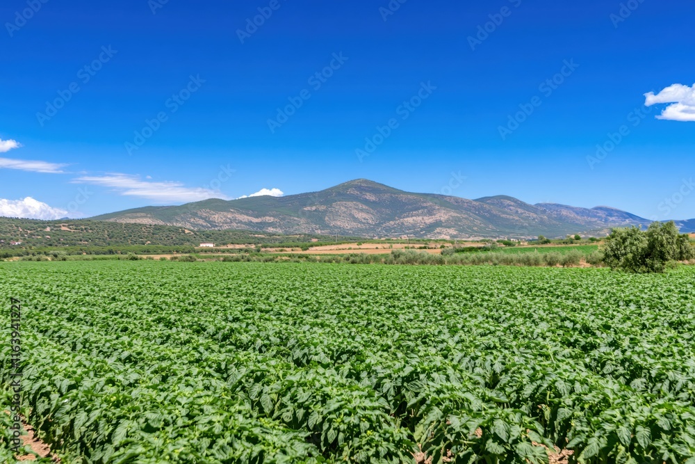 Lush Green Potato Field Under Bright Blue Sky with Mountain View in the Background Lush Green Potato Field Under Bright Blue Sky with Mountain View in the Background