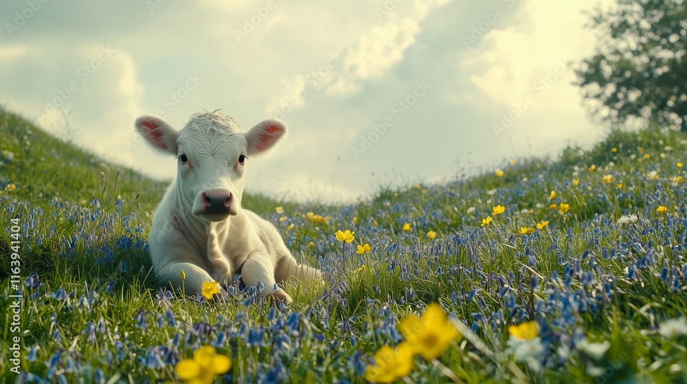A serene white calf resting in a vibrant field of wildflowers. A serene white calf resting in a vibrant field of wildflowers.