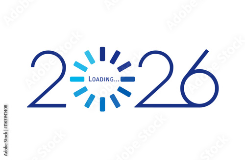 2026 Happy New Year blue loading bar. Decorative loading spinning icon. Digital clock. Computer network digits. Isolated graphic technology design