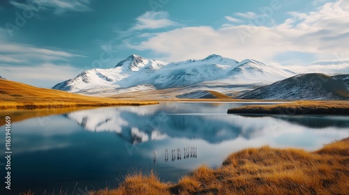 A breathtaking view of serene mountains reflecting in a tranquil lake under a clear blue sky with lush grassland. photo