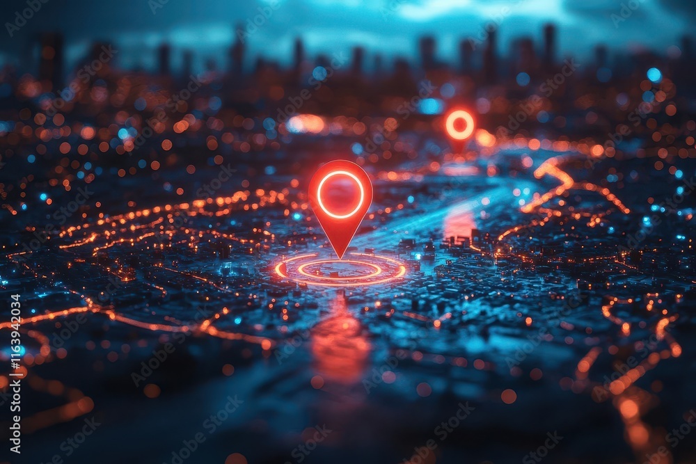a high-tech digital map showcases a vibrant cityscape with two distinct pins marking key locations, representing the future of transport logistics with seamless integration of ai and gps technology a high-tech digital map showcases a vibrant cityscape with two distinct pins marking key locations, representing the future of transport logistics with seamless integration of ai and gps technology