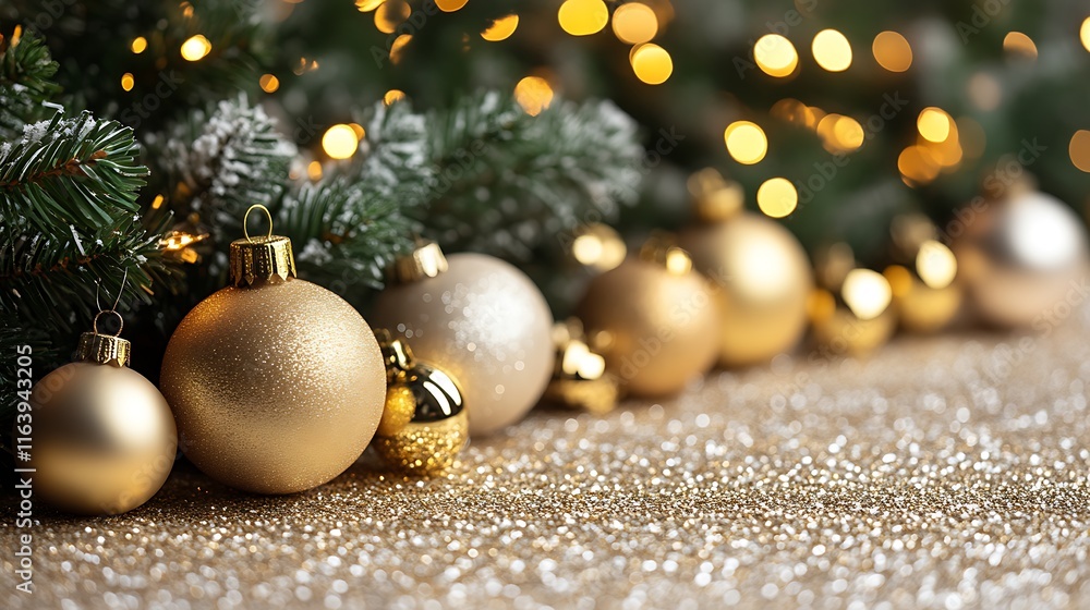 Gold Christmas ornaments rest on glittering surface near tree Gold Christmas ornaments rest on glittering surface near tree