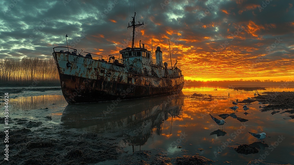 Fototapeta premium Rusty shipwreck at sunset, reflected in calm water, with birds.