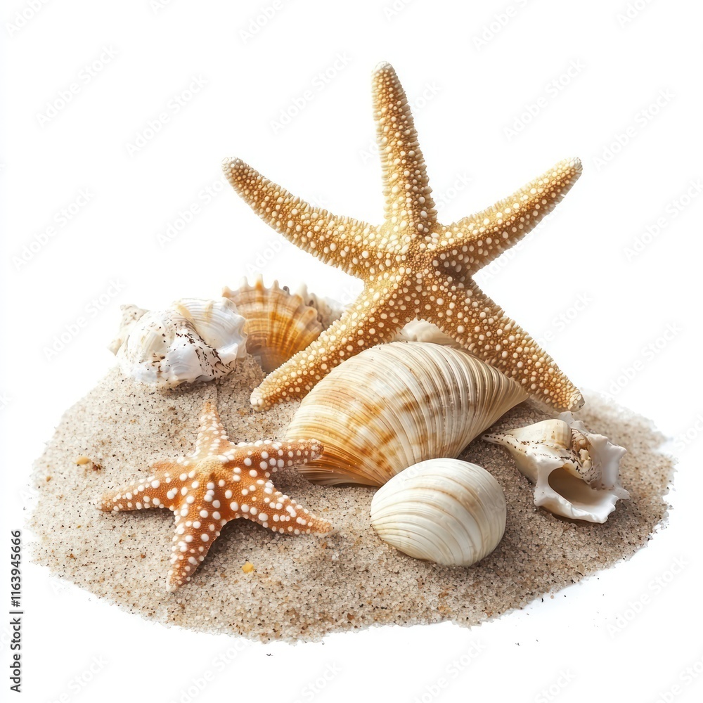 Plastic starfish and seashell in sand pile Isolated on White Background Generative AI Plastic starfish and seashell in sand pile Isolated on White Background Generative AI