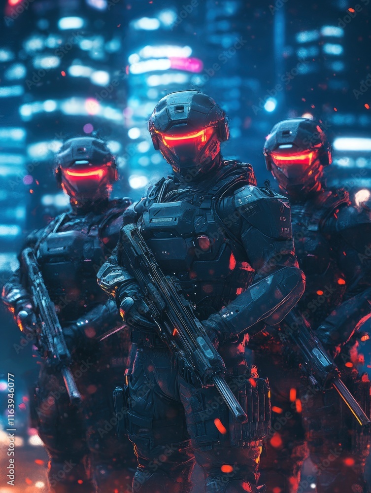 Robotic swat soldiers on a future city background. Robotic swat soldier team in futuristic tactical outfit armor and weapons standing on a science fiction background with glowing beam effect. Robotic swat soldiers on a future city background. Robotic swat soldier team in futuristic tactical outfit armor and weapons standing on a science fiction background with glowing beam effect.