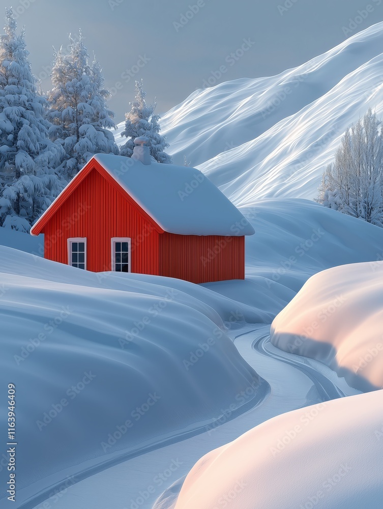 Charming red cabin nestled in a snowy landscape with soft white hills. Charming red cabin nestled in a snowy landscape with soft white hills.