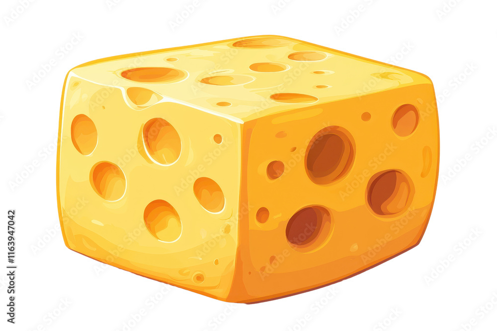 A vibrant, cube-shaped cheese with distinctive holes and a smooth surface, showcasing a rich yellow color.