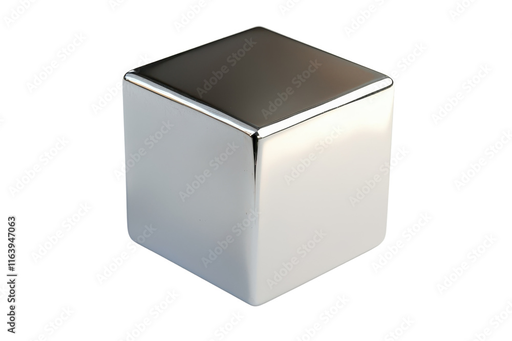 A shiny, metallic cube with smooth surfaces and sharp edges, reflecting light and exhibiting a polished appearance. A shiny, metallic cube with smooth surfaces and sharp edges, reflecting light and exhibiting a polished appearance.