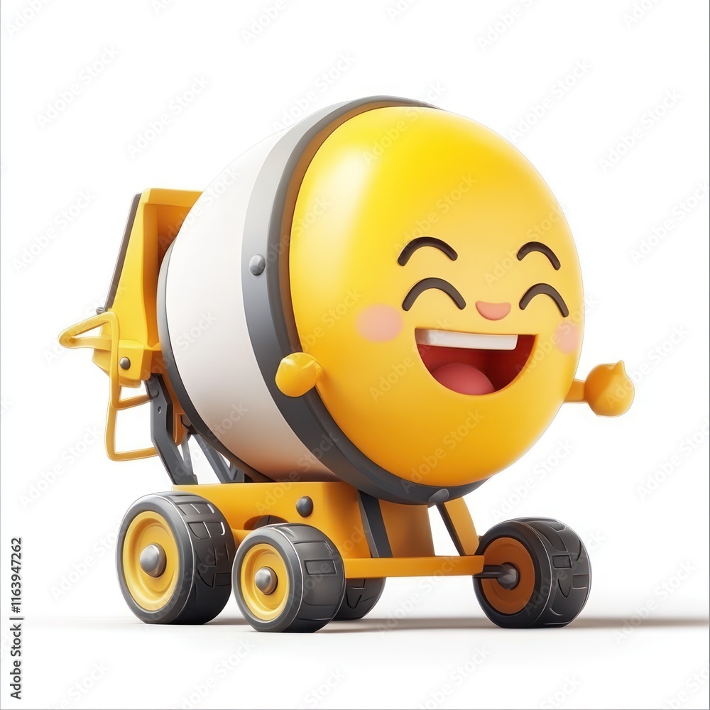 Playful Cement Mixer with a spinning drum and happy face. vector style art 3d illustration Isolated on White Background Playful Cement Mixer with a spinning drum and happy face. vector style art 3d illustration Isolated on White Background