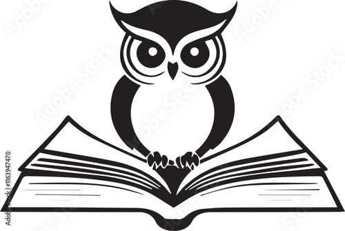 black and wight owl reading book logo type silhouette design