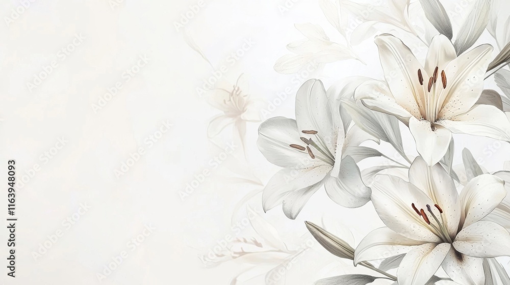 Fototapeta premium white lily flowers banner. White lily flower on white background. Floral wedding card, celebration, invitation, farewell greeting, condolence. 