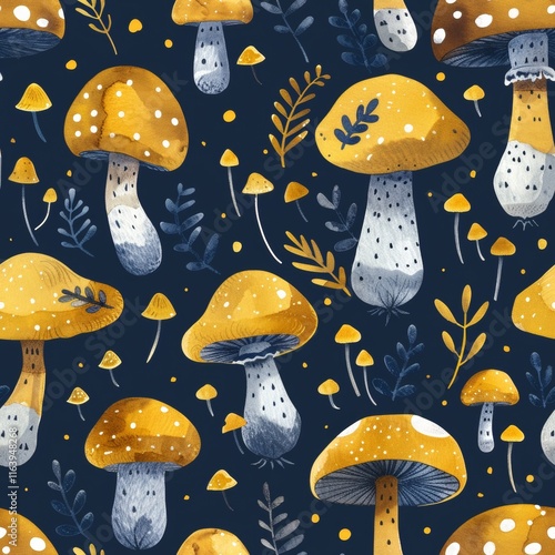 Vibrant psychedelic mushrooms creating intricate patterns with a limited color palette design