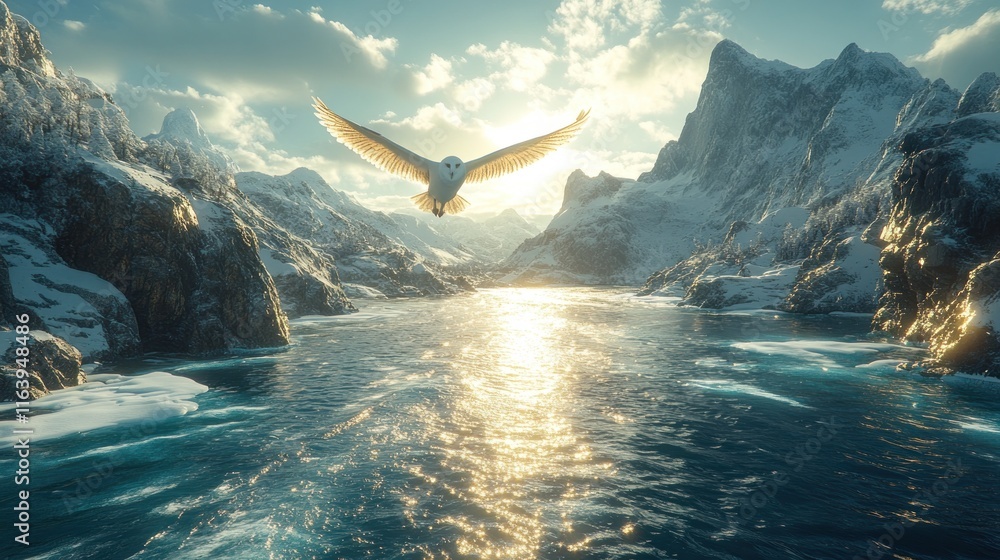 Obraz premium Snowy owl in flight over icy river, mountains.