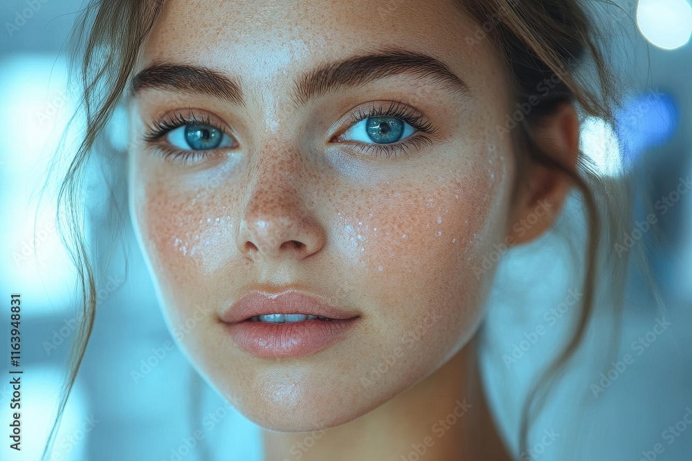 aesthetic procedures concept featuring a young european woman admiring her glowing skin in a bright, clinical setting, highlighting beauty and self-care in a contemporary context aesthetic procedures concept featuring a young european woman admiring her glowing skin in a bright, clinical setting, highlighting beauty and self-care in a contemporary context