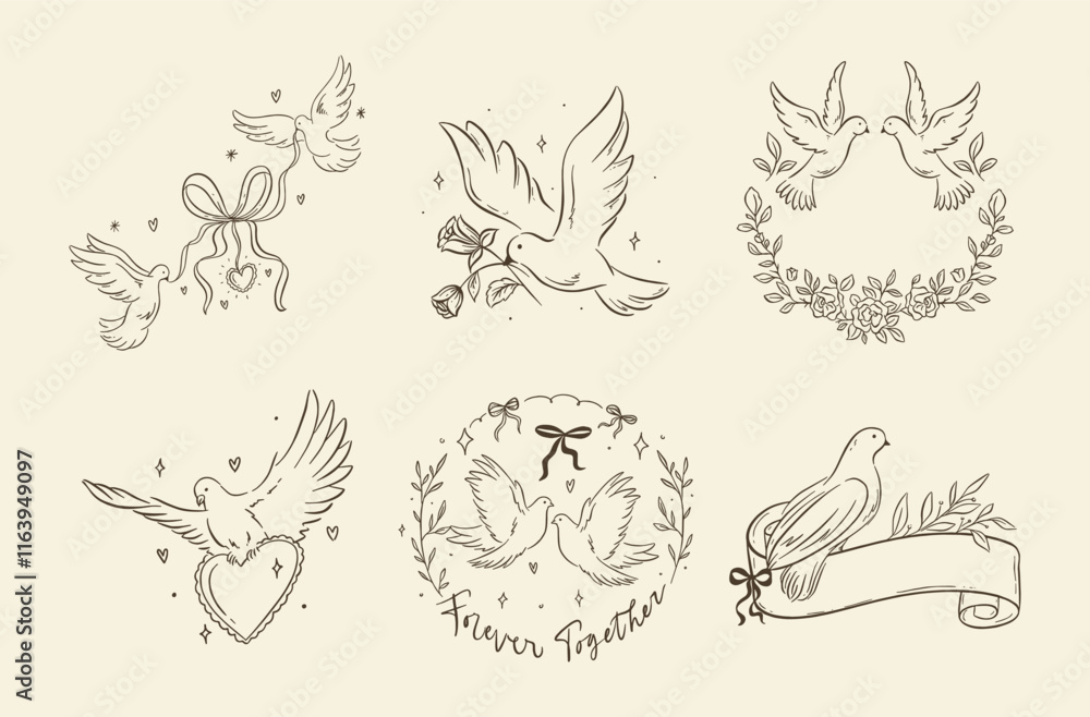 A collection of elegant line art illustrations featuring doves, ribbons, hearts, and floral garlands A collection of elegant line art illustrations featuring doves, ribbons, hearts, and floral garlands