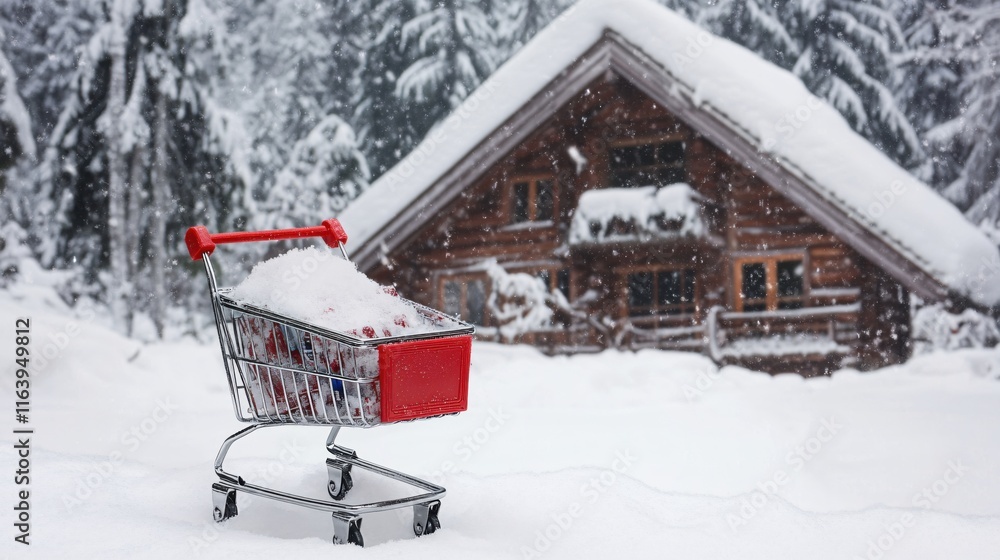 Naklejka premium Shopping Cart with Snow in Winter Wonderland Near Cozy Wooden Cabin Retreat