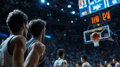 A scoreboard with basketball players in the background