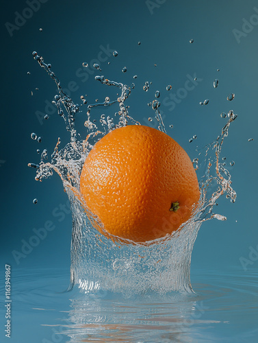 An orange hangs in the air, with water splashing around it and floating against a dark blue background. photo