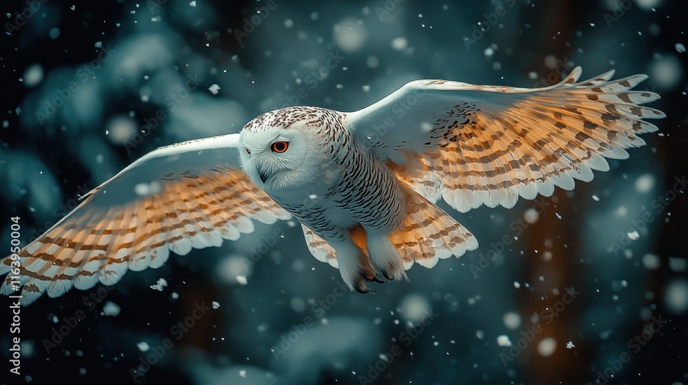 Fototapeta premium Snowy owl in flight, wings spread, snowflakes falling.