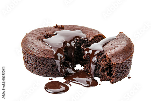 A rich, molten chocolate cake with a gooey center, oozing warm chocolate sauce from its soft, spongy exterior. photo