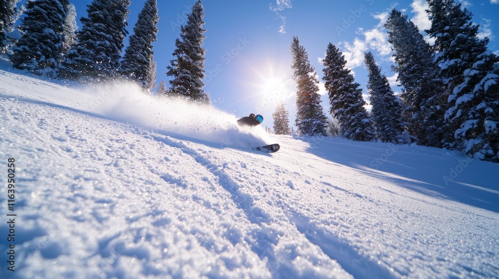 Obraz premium A snowboarder carving through fresh powder on a steep slope, leaving a trail of snowdust