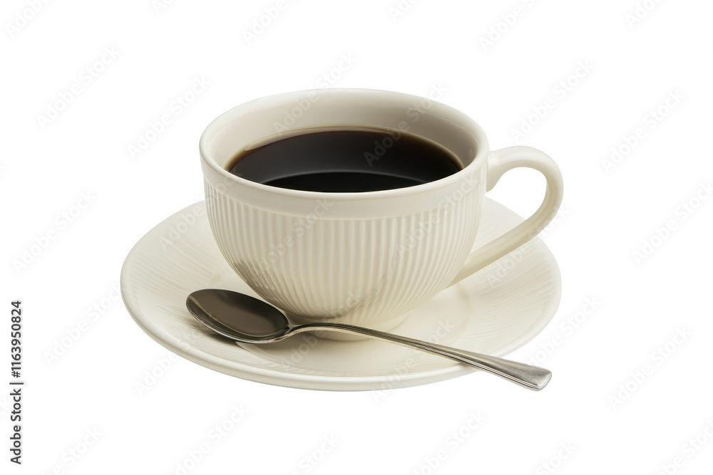 A coffee cup with a saucer and a spoon, filled with dark, rich coffee, showcasing a simple and elegant design. A coffee cup with a saucer and a spoon, filled with dark, rich coffee, showcasing a simple and elegant design.