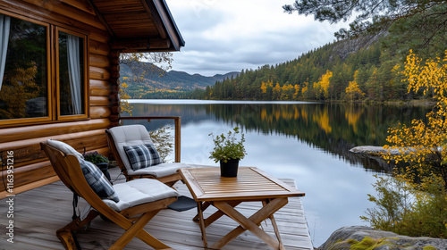 Fototapeta Naklejka Na Ścianę i Meble -  Cozy cabin deck overlooking serene lake and autumn forest